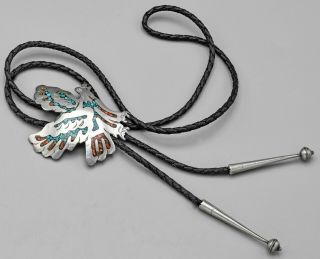 Vintage Sterling Silver Turquoise Carnelian Bird Bolo Tie Necklace 34.  2g