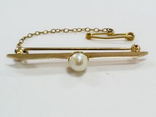 Lovely Antique Edwardian 9ct Gold Single Pearl Bar Brooch/pin