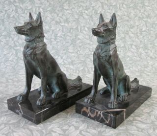 Vintage French Art Deco German Shepherd Dog Bookends Marble / Spelter 7 " Tall