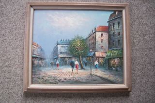 Vintage French Street Scene Signed Oil On Canvas Framed Painting