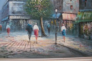 Vintage French Street Scene Signed Oil On Canvas Framed Painting 3