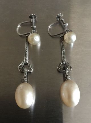 Antique French Art Deco Sterling Silver Marcasite & Faux Pearls Drop Earrings
