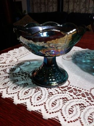 Vintage 1940 ' s Indiana Glass Blue Carnival Harvest Grape Oval Footed Fruit Bowl 2