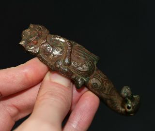 Antique Ancient Chinese Bronze & Silver Inlay Belt Hook,  Human Owl,  Very Rare.