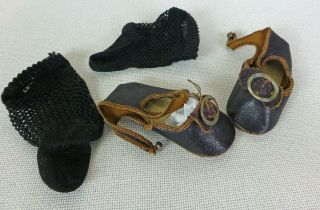 Old Leather Doll Shoes & Socks For Antique Doll,  Antique Shoes,  1900s