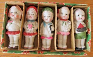 Vintage Set Of Five Bisque Dolls Girls & Boy 1 - 5 Box Girls & Boy,  1930s