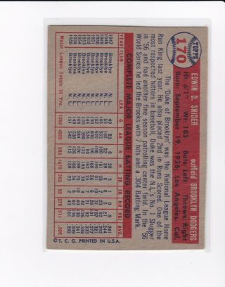 1957 Topps Baseball 170 Duke Snider EX - MT HOF Brooklyn Dodgers Vintage 2