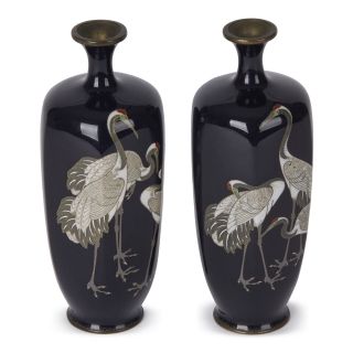 Pair Japanese Meiji Cloisonne Crane Vases 19th C.