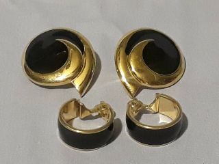 Vintage Signed Monet Clip On Earrings Gold Tone And Black