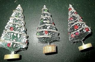 3 Vintage Bottle Brush Christmas Trees = 4 1/4 " Tall = Wood Base=decorated