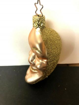 Vintage German Glass Man In The Moon Christmas Ornament Gold Glitter 3.  5”