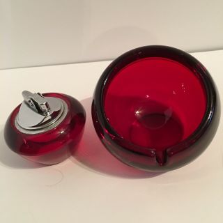 Vintage Viking Glass Ruby Red Table Lighter And Matching Ashtray