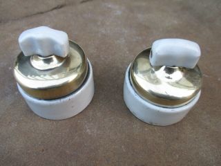 Vintage 1920s Pair Turn Switch Brass & Porcelain Light Electric Switches Button