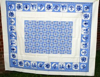 Vtg Linen Tablecloth Blue Delft Dutch Windmill Ship Floral Holland 102x62 Print