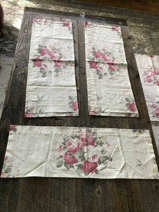 Vintage Barkcloth Era Fabric Roses 3 Valances 2 Panels Pink Shabby Cottage Chic