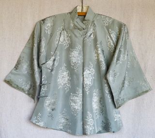 Antique Chinese Damask Gray Silk Floral Cheongsam Qipao Robe Jacket Blouse