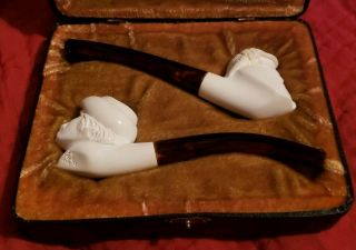 Sherlock Holmes & Watson Figural Meerschaum Smoking Pipe Set In Fitted Case