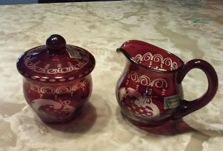 Vintage Egermann Bohemian/czech Cut To Clear Ruby Red Sugar And Creamer Set