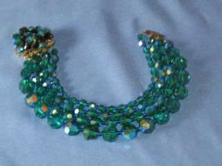 Vintage Gold - Tone Metal 4 Row Green A/borealis Crystal Bead Bracelet Large Size