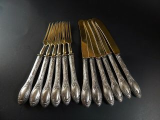 Set 12 Antique Solingen 800 Silver Fruit Knife And Fork Set Gold Wash No Mono