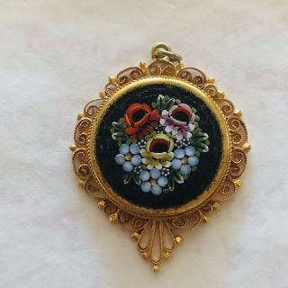 Vintage Micro Mosaic Pendant With Filigree Setting Black With Multi Color Flower