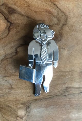 Vintage - 925 Sterling Silver Taxco - Pin / Brooch - Cartoon Dog W Briefcase