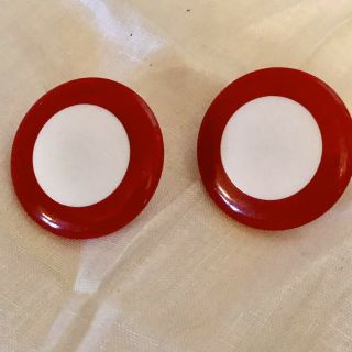 Vintage Cherry Red & White Colored Bakelite Inlaid Polka Dot Large Clip Earrings