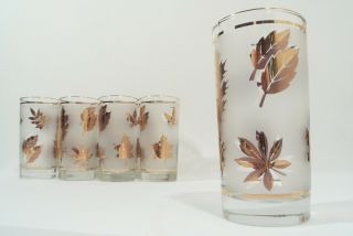 Vintage Mcm Libbey Gold Leaf Frosted Drinking Glasses Rocks Cocktail