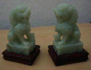 Vintage Jade Set Chinese Foo Dog Lion Beast Hand Carved Figures Statue W/ Stands