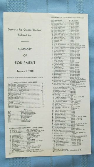 1948 Denver & Rio Grande Western Rr Summary Of Equipment List - Steam Engines