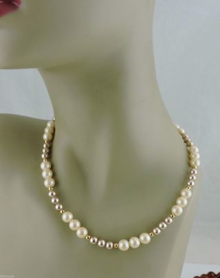 Vintage Gold Plated Faux White & Pink Pearl Necklace Signed Monet