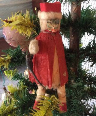 Antique German Cotton Batting And Crepe Paper Puss And Boots With Mouse Ornament