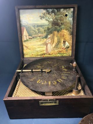 Antique Polyphon German Wooden Music Box W/ 8 Discs Hand Cranked Germany