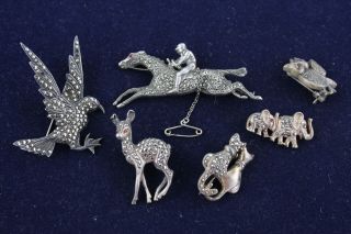 6 X Vintage.  925 Sterling Silver Marcasite Animal Brooches Inc.  Cat,  Mouse (46g)