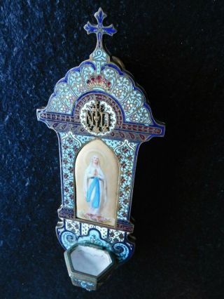 Antique Enamel Holy Water Font Our Lady Of Lourdes N - D Hand Painted Porcelain
