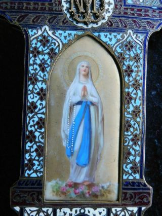 Antique Enamel Holy Water Font Our Lady of Lourdes N - D Hand Painted Porcelain 3