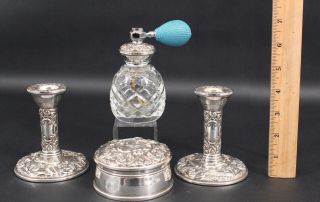4pc Antique English Sterling Silver Cut Glass Perfume Dresser Box Candlesticks
