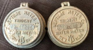 2 Vintage Neptune Meter Co.  Trident Water Meter York Brass Cover Paperweight