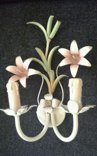 Vintage Toleware Light.  Tole Ware Wall Light.  Pink Lillies.  Shabby Chic Gorgeous