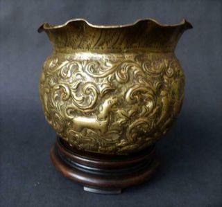 Antique 18th/19th C Indian Brass Planter/bowl Repousse Decoration Deities Tigers