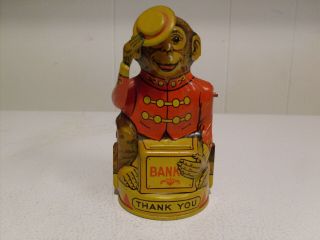 Rare Vintage J Chein & Co Circus Monkey Tipping Hat Tin Litho Toy Coin Bank
