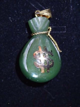 Vintage Carved Green Jade Money Bag Pendant Charm Dollar Sign