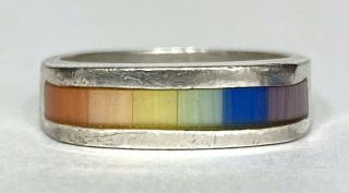 Vintage Navajo Old Pawn Sterling Silver Multi Stone Rainbow Inlay Ring M.  Dayea