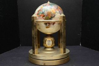 Vtg Pearl & Stone Rotating World Globe Clock Semi Precious Gem Brass Art Deco G
