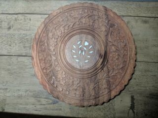 Vintage Carved Sheesham Wood Table Top W Bone Inlay 11 " Floral Pattern Indian