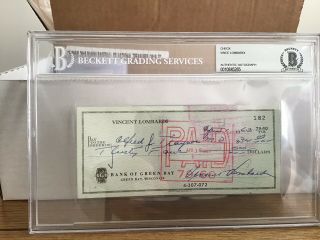 Hof Vince Lombardi Signed Check Cut Auto Beckett Authenticated & Encased