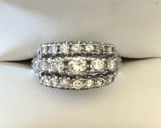 Vintage 1.  50tcw Diamond 3 Row Solid 14k White Gold Ring,  Size 8