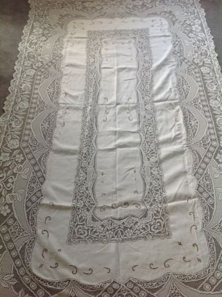 Huge Vintage Embroidered Off - White Linen And Lace Tablecloth