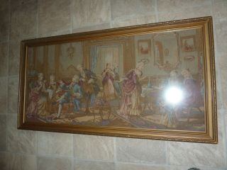 Framed 99cm By 46.  5cm French Tapestry Of 18thc Ladies &gentlemen In Drawing Room