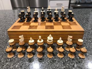 Vintage Wood & Bone Carved Chess Set | Off White & Black | Complete | Board Box